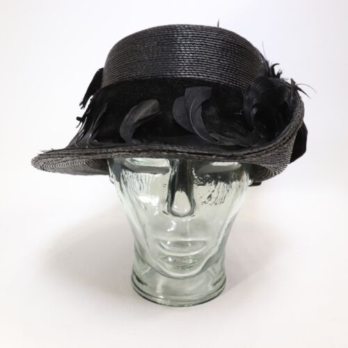 Vintage Arnold San Francisco Hat Women Black Straw Feathers Velvet Side Fold - Picture 2 of 14