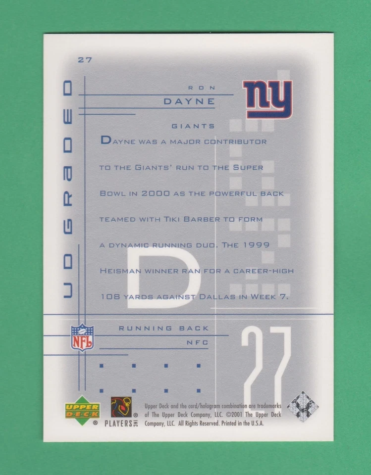 2001 Upper Deck UD Graded Ron Dayne New York Giants #27 - Image 2 of 2