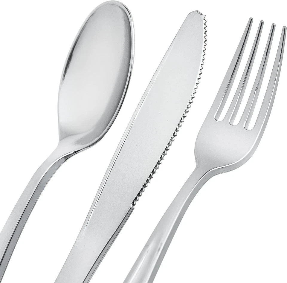 Set Posate Argento 120 Pezzi In Plastica Dura Elegante Matrimoni Feste Eventi - Immagine 3 di 4