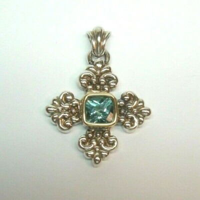 OTC INTERNATIONAL BLUE TOPAZ CROSS PENDANT STERLING SILVER 925/ 18KYG BEZEL