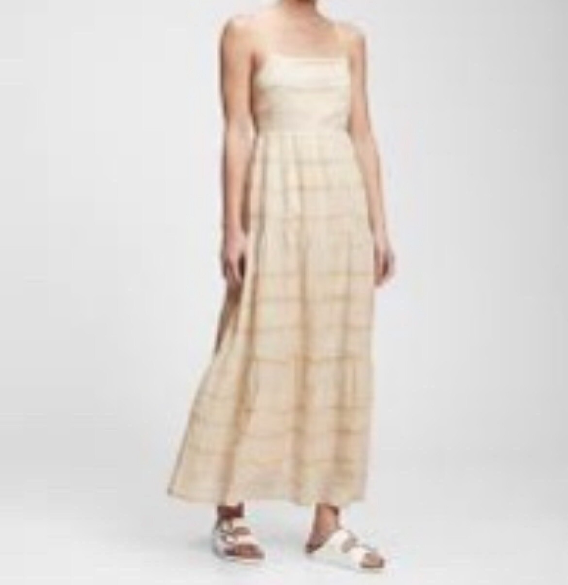 GAP Squareneck Tiered Maxi Dress Beige White Ombré Tie-Dye Cotton Linen