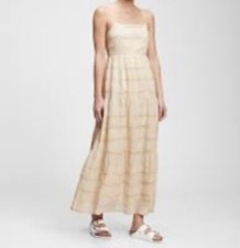 GAP Squareneck Tiered Maxi Dress Beige White Ombré Tie-Dye  Cotton Linen