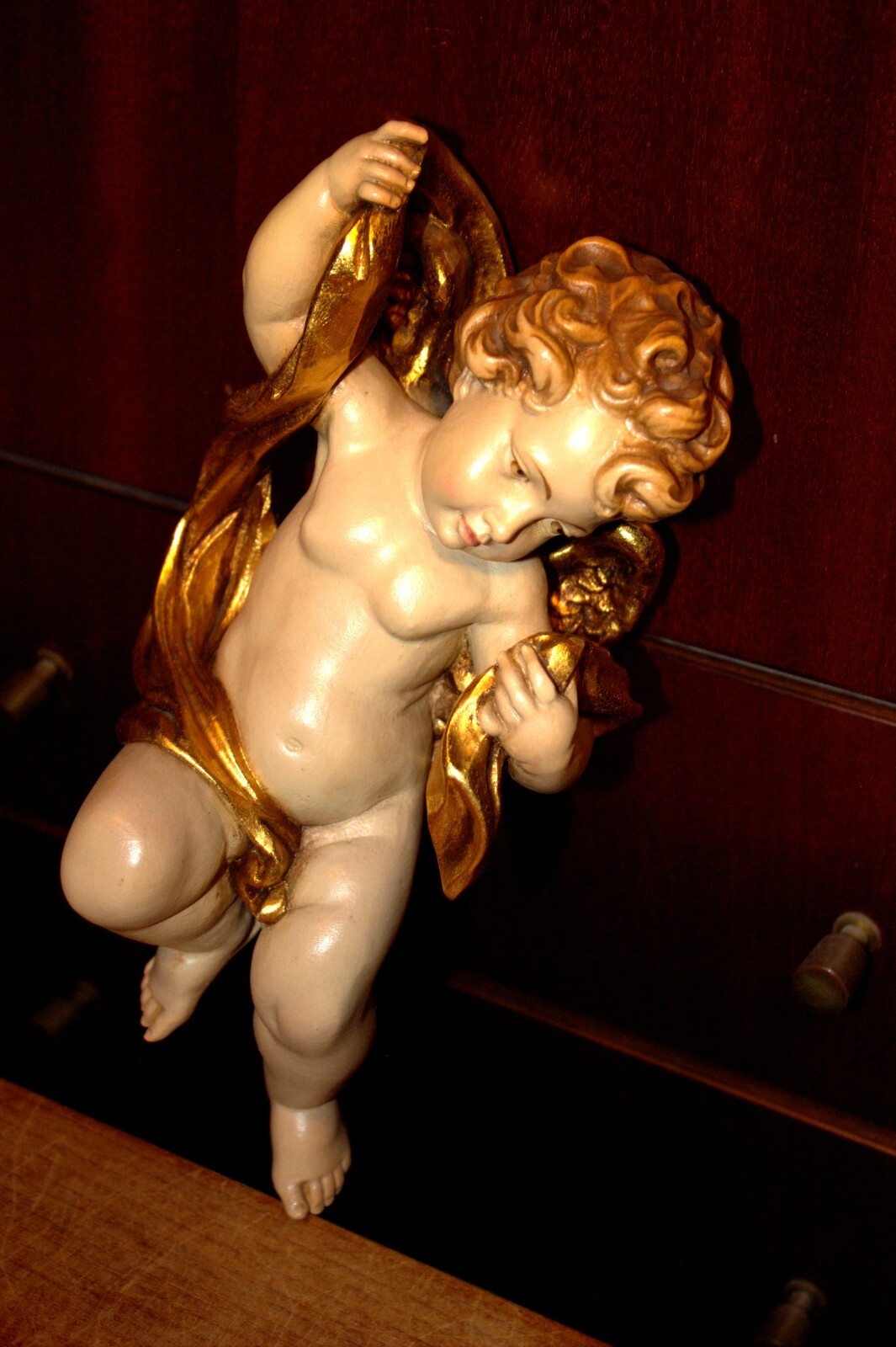 11" ANRI WOOD HAND CARVED CARVING ANGEL PUTTO CHERUB ITALY STATUE WALL FIGURE