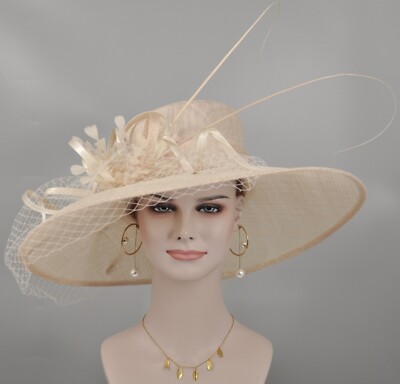 Champagne Wide Brim Sinamay Hat Church Kentucky Derby Hat  display picture 3