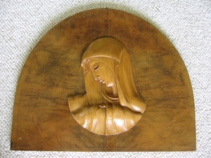 Vintage Italian Hand Carved Madonna Relief on Bookend burl Mahogony?