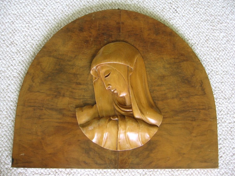 Vintage Italian Hand Carved Madonna Relief on Bookend burl Mahogony?