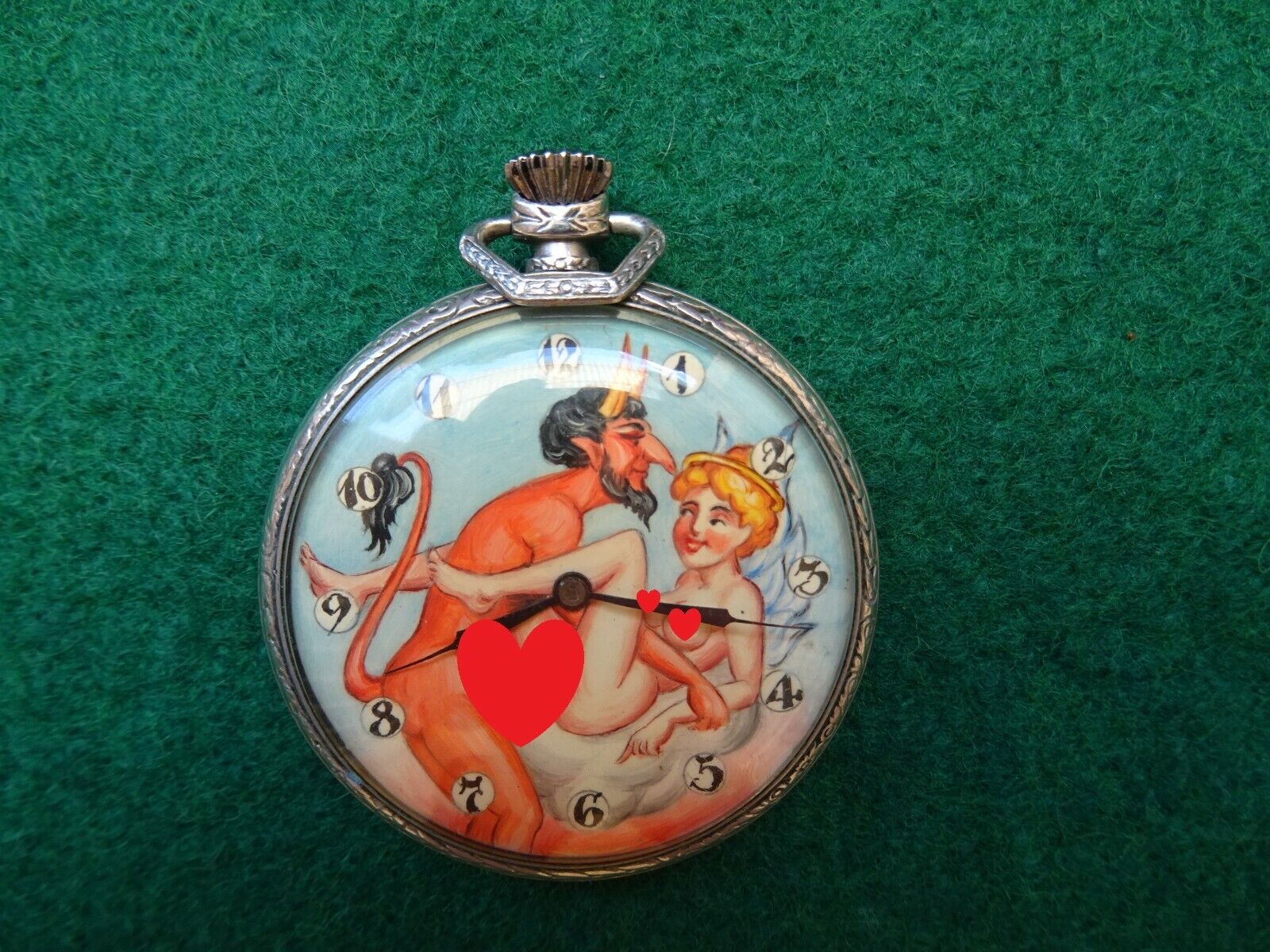 Antique Erotic DOXA Pocket Watch Devil and Angel Scene