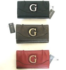 NEW GUESS CELESTE BLACK+BROWN+RED LEATHERETTE+SILVER&GOLD TONE WALLET,CLUTCH