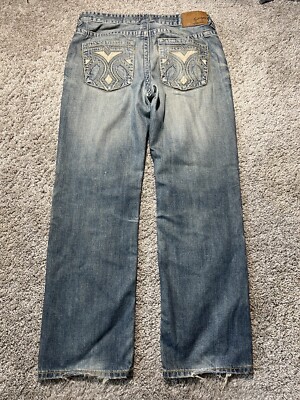 Mark Ecko Jeans Mens 34x31 Blue Straight Y2k Distressed Patch Stitch Cut Sew