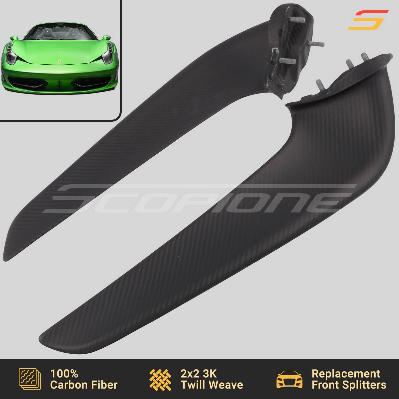 Scopione MATTE Carbon Front Bumper Splitters Wings for Ferrari 458 Italia Spider