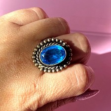 Vintage Blue Topaz Silver Tone Metal Statement Ring Size 7