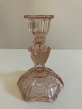 Vintage Pink Glass Candlestick Candle Holder With Hexagonal Base Art Deco