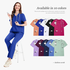 Nursing Medical Scrub Set Flare Drawstring Pants V-Neck Tops Comfortable Scrubs