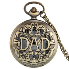 DAD Bronze Skeleton Pocket Watch Quartz White Dial Engraved w/ Chain Dad Gift