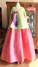 Korean Traditional Dress Dangui Hanbok Set-Green  Peach/Petticoat 2 Norigae Bag
