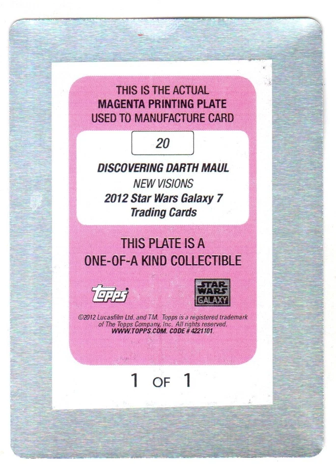 2012 STAR WARS GALAXY 7 #20 DISCOVEWRING DARTH MAUL MAGENTA PRINTING PLATE 1/1 - Image 2 of 2