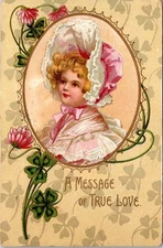 Antique Valentine Postcard Georgian Girl Clovers Message True Love 1913