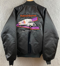 Federal Express Fedex World on Time Embroidered Semi Logo Satin Bomber Jacket