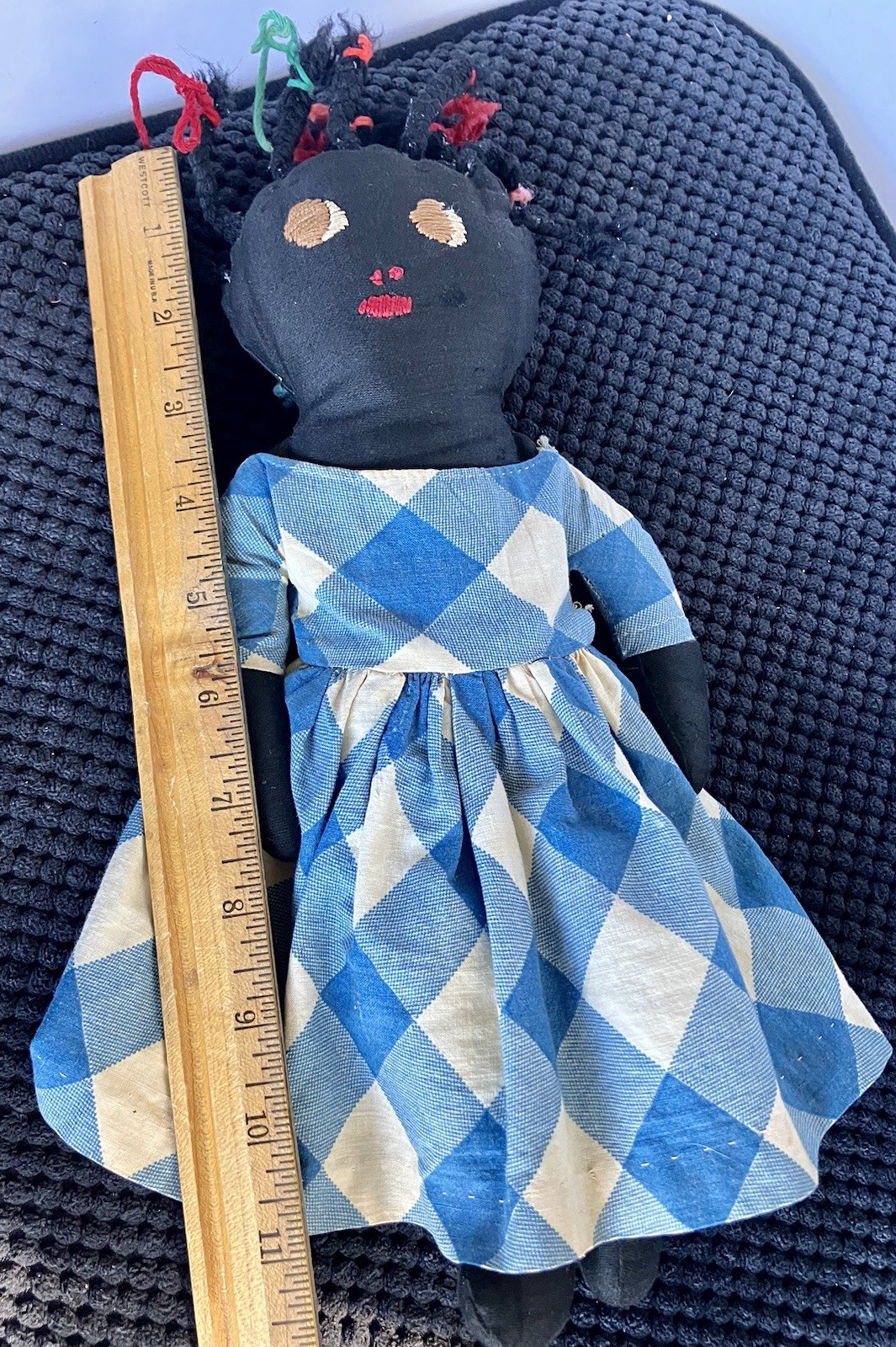 Vintage Handcrafted Cotton Cloth Black Folk Art Soft Doll Blue Dress