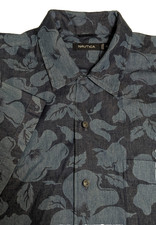 Nautica Short Sleeve Button Down Men's XL Cotton Dark Slate Blue Tonal Floral