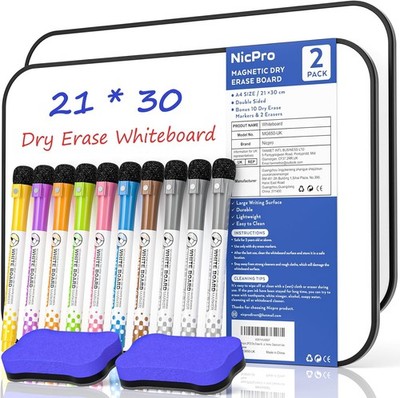 Nicpro A4 trocken abwischbares Whiteboard doppelseitig magnetisch mit Stiften & Radierer - Variou