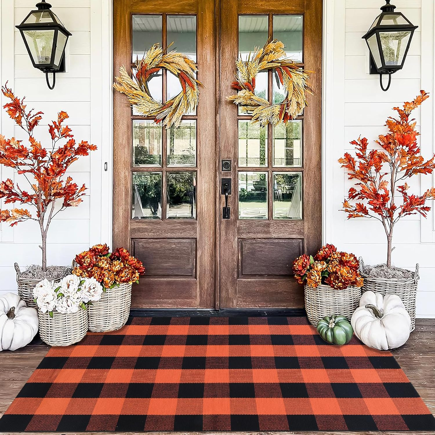Orange and Black Plaid Rug, 3' X 5' Fall Outdoor Front Door Decor Mat, Cotton Wa