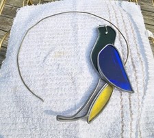 Vintage Stained Glass Suncatcher Bird On A Wire Blue/Green/Yellow 6" Round
