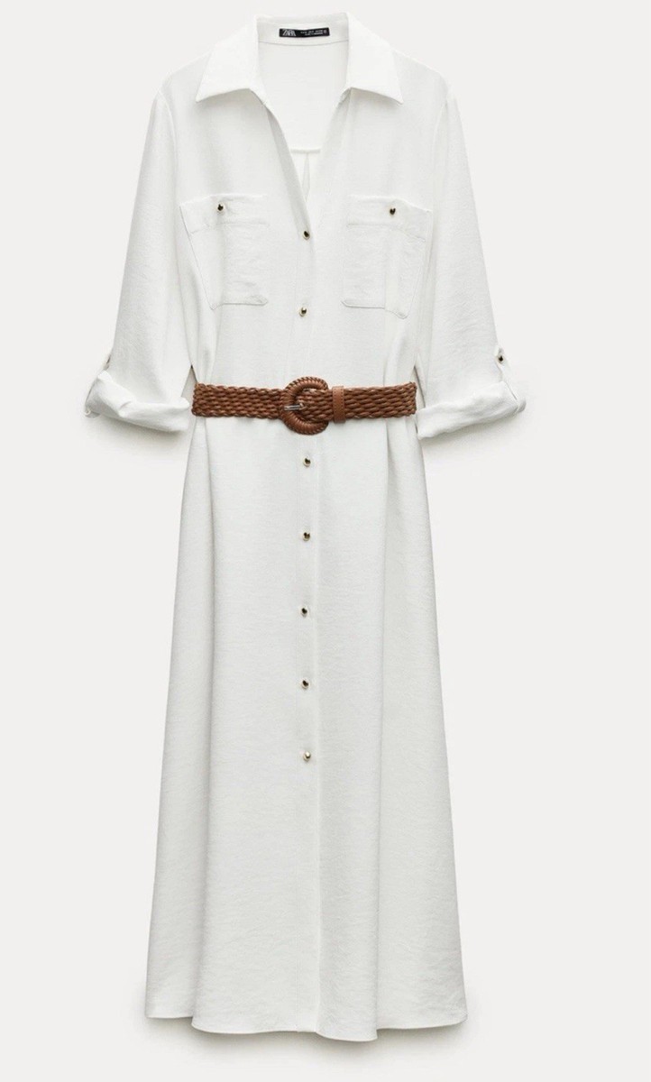 Zara New white Midi Shirt Dress With Belt Size L brand new with tags | eBay  UK