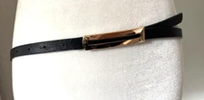 Sz M Fits 29-34" Waists Black Matt Texture LEATHER Thin Skinny BELT 1/2" W Brass