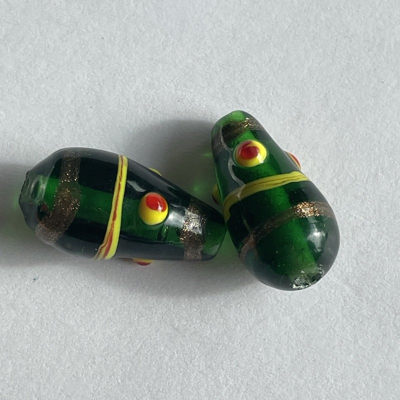 2 Loose Vintage Beads Lampwork Green Yellow Gold 25mm