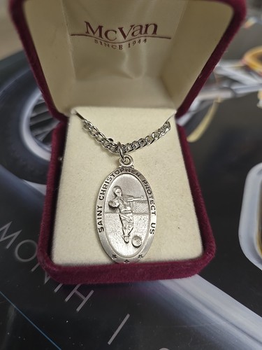 Vintage Sterlingsilber ST CHRISTOPHER PROTECT US Medaillon 24" Halskette & Anhänger - Bild 1 von 12