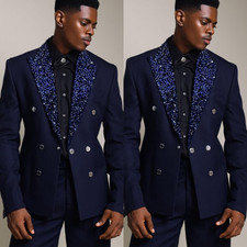 Prom Men's Suit Sequin Peak Lapel Navy Blue Evening Tuxedo Jacket Banquet 2Pcs