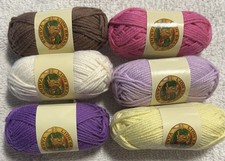 Lot of 6 Mini Yarn Skeins. Lion Brand. Brown/Yellow/White/Rose/Lavender/Purple