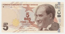 Turkey 5 Lira L.1970 (2009) Pick 222.a UNC Uncirculated Banknote Serial A