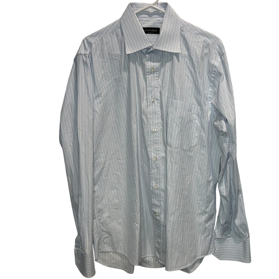 Camisa de vestir Canali para hombre azul a rayas manga larga 42 16,5 hecha en Italia algodón Foto 2 de 4