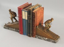 RARE Pr Antique Bronzed Spelter Figural SKIER Skiing Bookends, Grey Marble Base