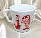 Vintage Pyrex Milk Glass Circus Child's Mug Cup Red Clowns Seal 10oz 1950s USA