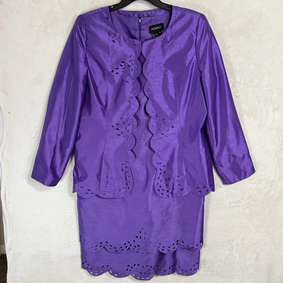Conjunto de traje de vestir chaqueta ASHRO talla 16 púrpura satinado corte láser capas iglesia formal Foto 3 de 4