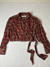 Free People We The Free Red Plaid Running Wild True Wrap Top Frayed Edges Sz S