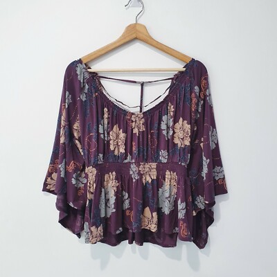 Haut Free People Femme - Manches Papillon Motifs Floraux Violet - Taille M - Occasion Très Bon état