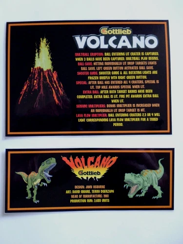 * * 'VOLCANO' Gottlieb 1981 Custom Instruction/Apron Cards (New) * *