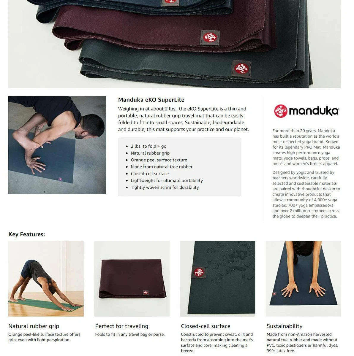 Manduka eKO Superlite Yoga and Pilates Travel Mat - 68L x 24W - 1.5mm -  Acai