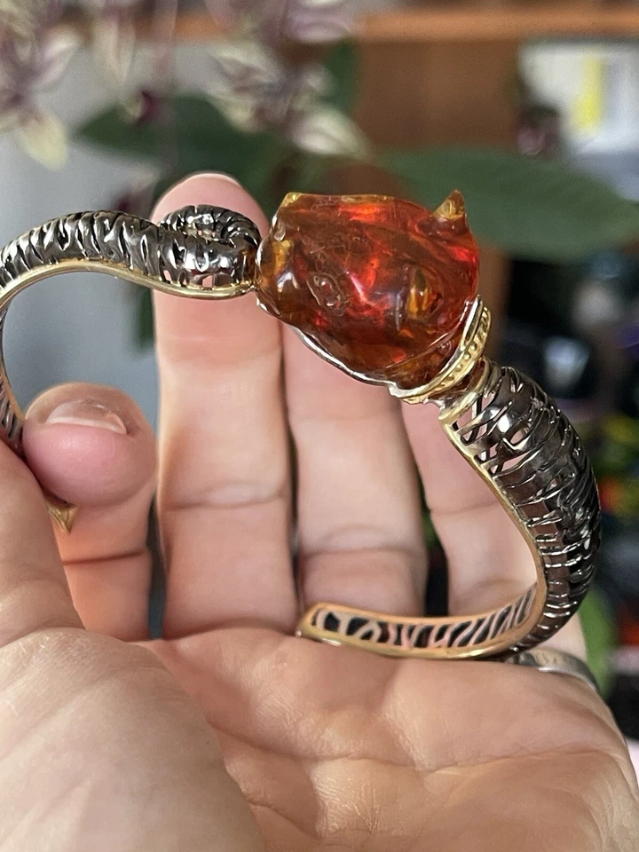 Brazalete Pantera Ámbar Tallado Plata 925 DEFECTUOSO por Michael Valitutti G3D Foto 2 de 4