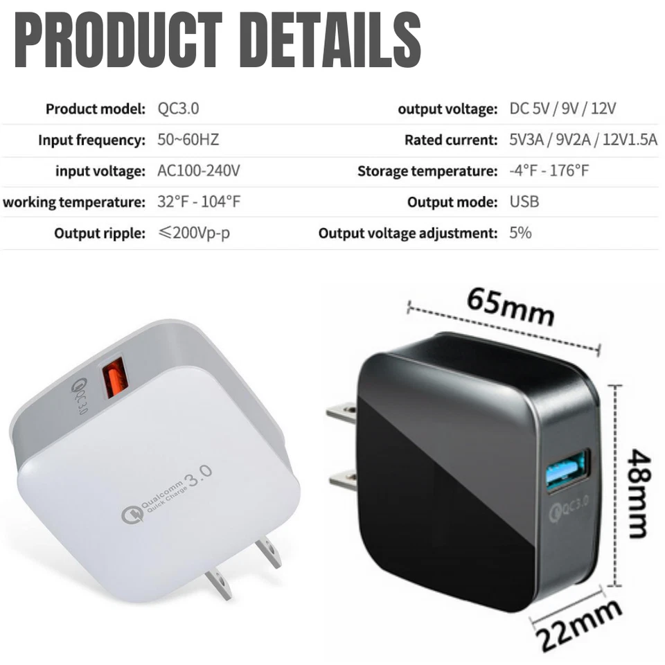 2Pack 18W QC3.0 Quick USB Fast Charge Adapter For Samsung LG iPhone Wall Charger - Image 3 of 4