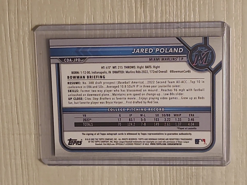 2022 Bowman Chrome Draft Jared Poland Prospect Autograph Auto #CPA-JPD - Image 2 of 2