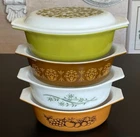 Vintage PYREX 1.5qt Oval Casserole Olive Regency Honeysuckle Dish Milk Glass 5pc