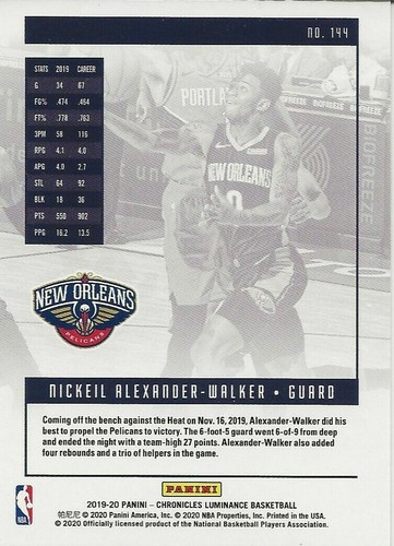 2019-20 Panini Chronicles Base Luminance NICKEIL ALEXANDER-WALKER #144 Rookie - Bild 2 von 2