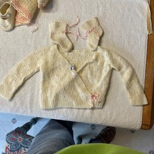 Vintage Hand Knitted Little Baby Girl Sweater And Booties.