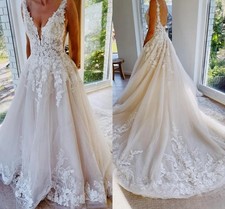 Lace Wedding Dresses A Line Boho Sexy Backless V Neck Bridal Gowns With  Ruffles