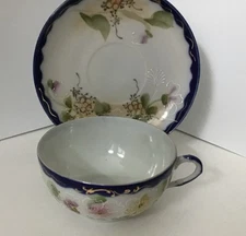 VTG, 1921, Hinode Japan Blue Moriage Tea Cup And Saucer, Raised Decoration, Blue